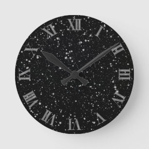 Glitter Stars2 - Silver Black Ronde Klok
