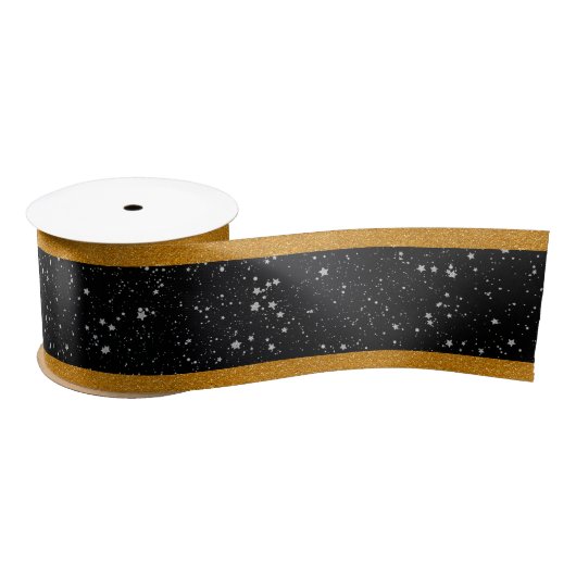 Glitter Stars2 - Silver Black Satijnen Lint (Spoel)