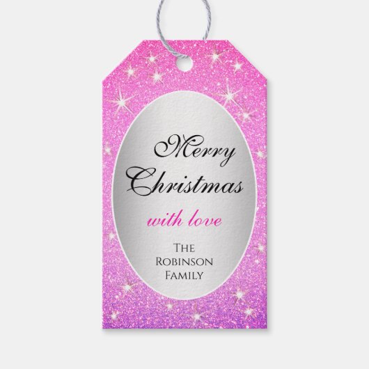 Glitter Stars Girly Pink Blush Glitter Kerstmis Cadeaulabel (Voorkant)