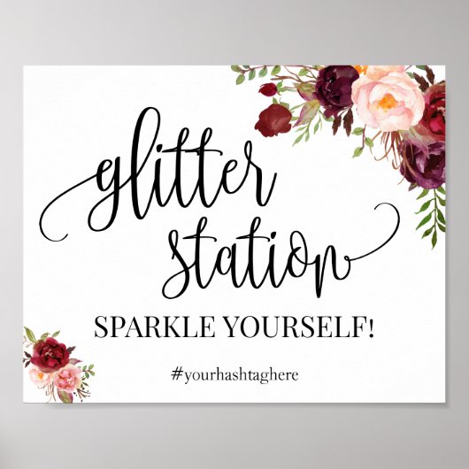 Glitter stationschild bruiloft marsala bloemen poster (Voorkant)