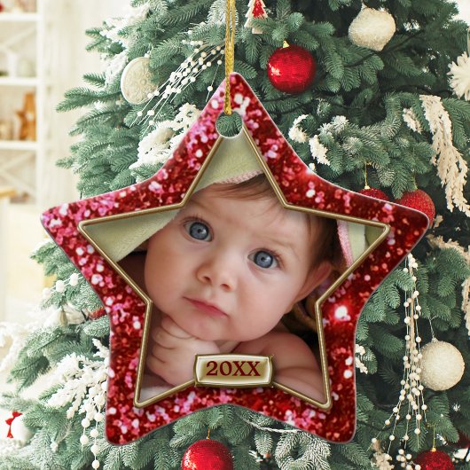 Glitter Ster Rood/Goud Foto Keramisch Ornament