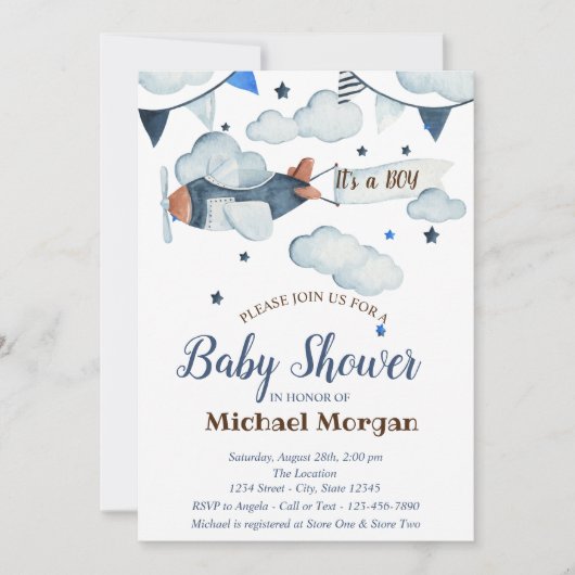 Glitter, sterren, wolken, Baby shower van vliegtui Kaart (Voorkant)