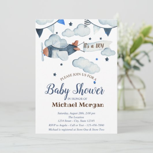 Glitter, sterren, wolken, Baby shower van vliegtui Kaart (Staand voorkant)