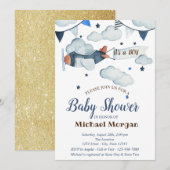 Glitter, sterren, wolken, Baby shower van vliegtui Kaart (Voorkant / Achterkant)