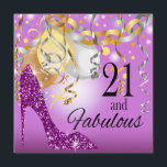 Glitter Stiletto 21st Birthday | lila paars Kaart<br><div class="desc">Als je van hoge hakken houdt, hou je van deze elegante, trendy, stijlvolle en glamoureuze "Glitter* Stiletto" lila, paarse, gouden en zilveren uitnodiging voor een geweldige 21ste mijlpaal verjaardag of een speciale viering! Gebruik de knop IT AANPASSEN om je eigen tekst toe te voegen. Er zijn ook matchende cocktailluiers, onderzetters,...</div>