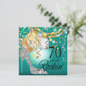 Glitter Stiletto 70th Birthday | blauwgroen zilver Kaart (Staand voorkant)