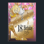 Glitter Stiletto Balloons 18th Birthday roze Kaart<br><div class="desc">Als je van hoge hakken houdt, hou je van deze leuke, trendy, stijlvolle, glam "Glitter* Stiletto Balloons" roze, gouden en zilveren uitnodiging voor een geweldige 18e verjaardag op de verjaardag van de geboorte! Gebruik de oranje knop "Aanpassen" om de achtergrondkleur te wijzigen en je eigen tekst toe te voegen. Er...</div>