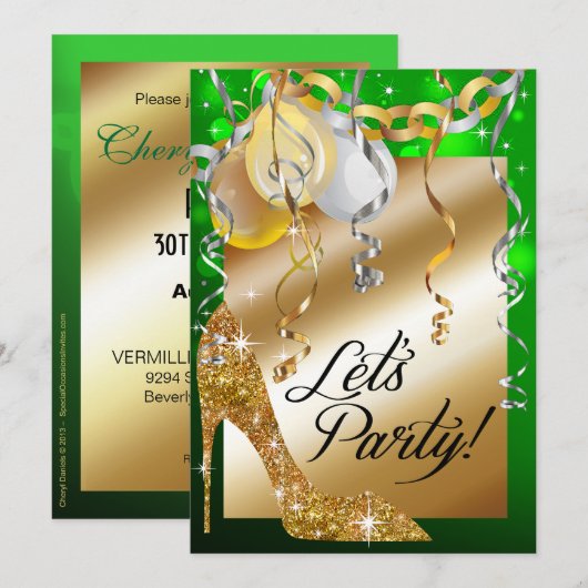 Glitter Stiletto Balloons 30th Birthday emerald Kaart (Voorkant / Achterkant)