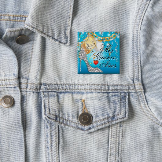 Glitter Stiletto Celebration Quinceañera blue Vierkante Button 5,1 Cm (In situ)