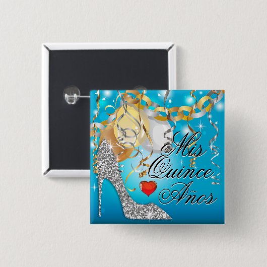 Glitter Stiletto Celebration Quinceañera blue Vierkante Button 5,1 Cm (Voorkant /achterkant)