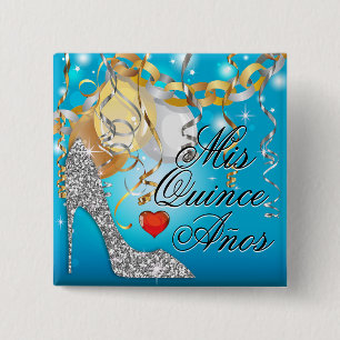 Glitter Stiletto Celebration Quinceañera blue Vierkante Button 5,1 Cm