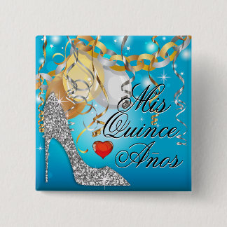 Glitter Stiletto Celebration Quinceañera blue Vierkante Button 5,1 Cm