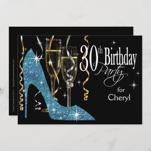 Glitter Stiletto Champagne 30e verjaardag babyblau Kaart (Voorkant / Achterkant)