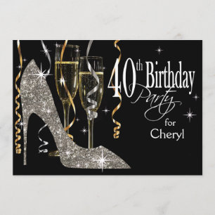Glitter Stiletto Champagne 40th Birthday Silver Kaart