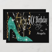 Glitter Stiletto Champagne 50e verjaardag Teal Kaart (Voorkant / Achterkant)