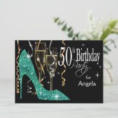 Glitter Stiletto Champagne 50th Birthday Blauwgroe Kaart (Staand voorkant)