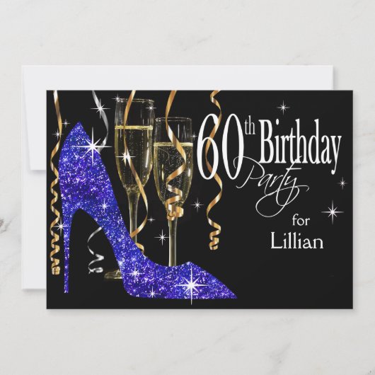 Glitter Stiletto Champagne 60th Birthday Blue Kaart (Voorkant)