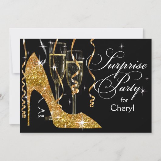 Glitter Stiletto Champagne Surprise Birthday gold Kaart (Voorkant)