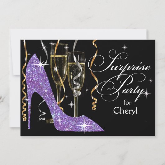 Glitter Stiletto Champagne Surprise Birthday lila Kaart (Voorkant)