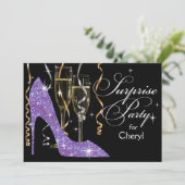 Glitter Stiletto Champagne Surprise Birthday lila Kaart (Staand voorkant)
