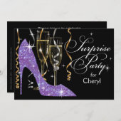 Glitter Stiletto Champagne Surprise Birthday lila Kaart (Voorkant / Achterkant)