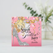 Glitter Stiletto Sweet 16 Party | roze zilver Kaart (Staand voorkant)