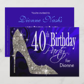 Glitter Stiletto Zebra 40th Birthday blue Silver Kaart (Voorkant / Achterkant)