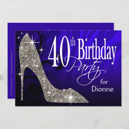 Glitter Stiletto Zebra 40th Birthday blue Silver Kaart (Voorkant / Achterkant)