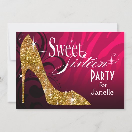 Glitter Stiletto Zebra Sweet 16 Party fuschia gold Kaart (Voorkant)