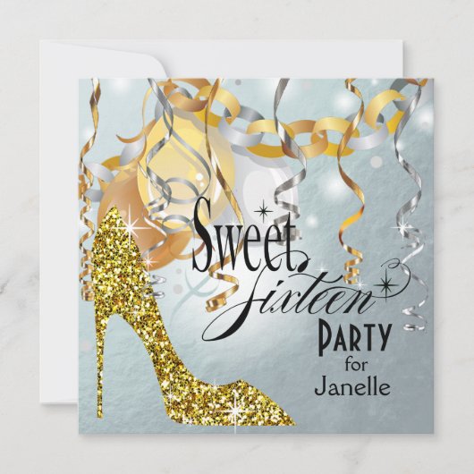 Glitter Stiletto Zilveren Folie Sweet 16 Party Kaart (Voorkant)