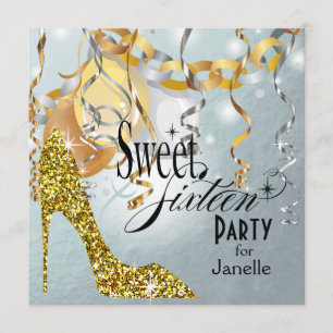 Glitter Stiletto Zilveren Folie Sweet 16 Party Kaart