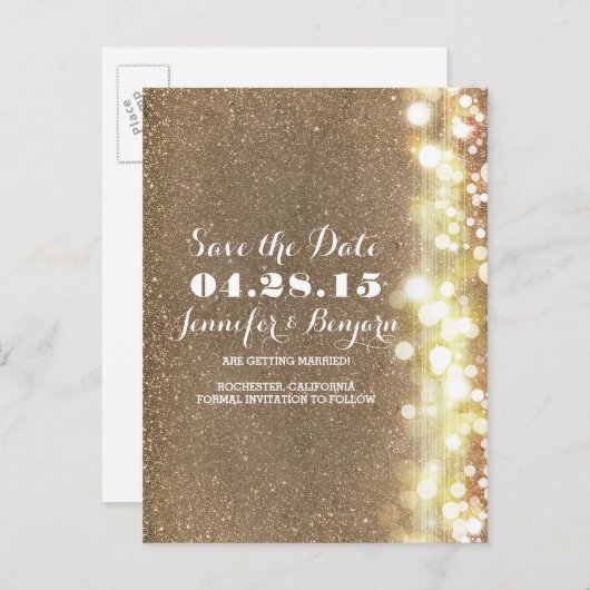 Glitter String Lights Elegante Chic Save the Date Aankondigingskaart (Voorkant / Achterkant)