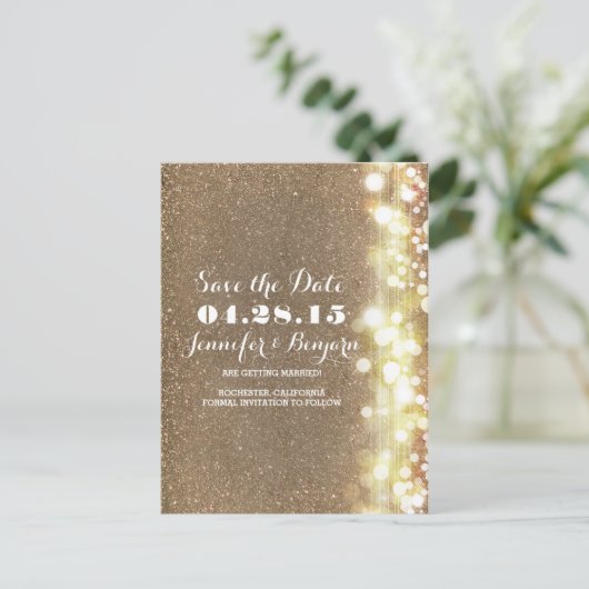 Glitter String Lights Elegante Chic Save the Date Aankondigingskaart (Staand voorkant)