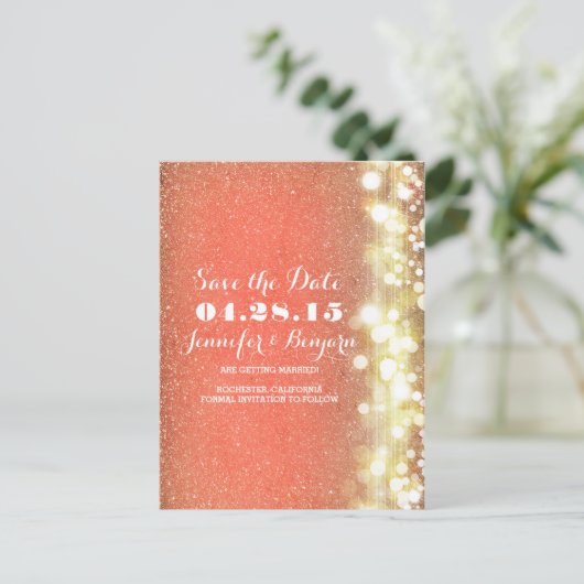 Glitter String Lights Gold en Peach Sla de datum o Aankondigingskaart (Staand voorkant)