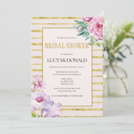Glitter Stripes & Bloemen Bruids Douche Uitnodigin Kaart (Staand voorkant)