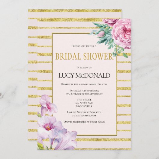 Glitter Stripes & Bloemen Bruids Douche Uitnodigin Kaart (Voorkant / Achterkant)