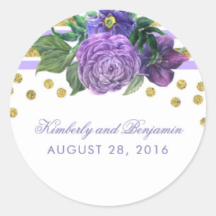 Glitter Stripes en Purple Flowers Modern Ronde Sticker