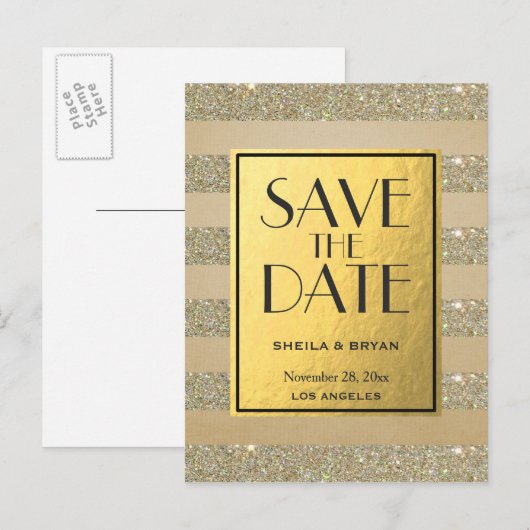 Glitter Stripes Gold Foil sla de datum na creditca Aankondigingskaart (Voorkant / Achterkant)