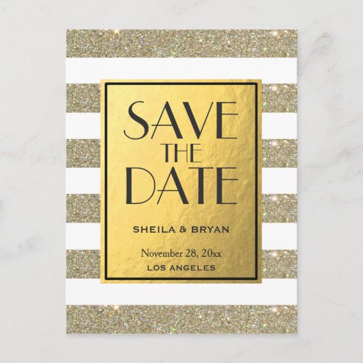 Glitter Stripes Gold Foil sla de datum na creditca Aankondigingskaart (Voorkant)