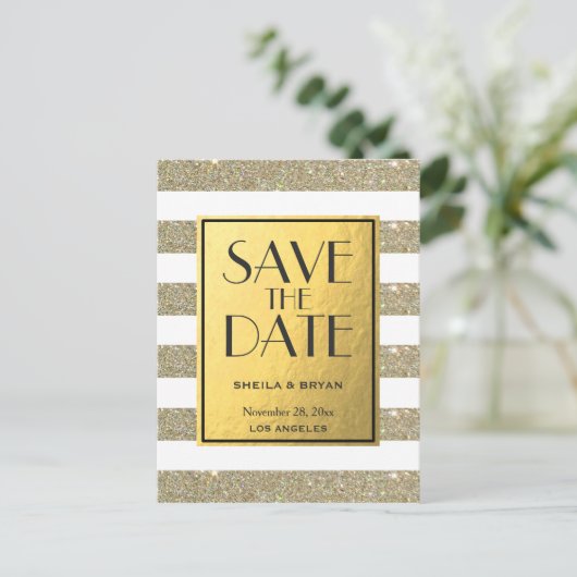 Glitter Stripes Gold Foil sla de datum na creditca Aankondigingskaart (Staand voorkant)