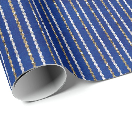Glitter Stripes van goud en zilver op blauw Cadeaupapier (Rol Hoek)