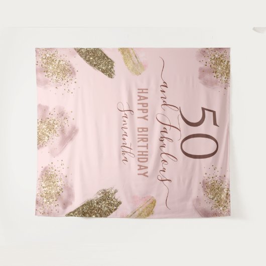 Glitter Strokes roze Happy 50th Birthday Tapestry Wandkleed (Voorkant (horizontaal))