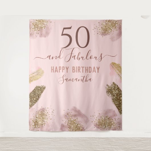 Glitter Strokes roze Happy 50th Birthday Tapestry Wandkleed (Voorkant)