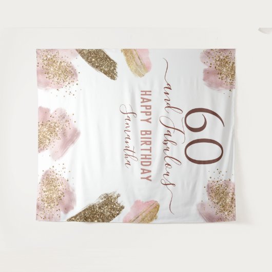 Glitter Strokes roze Happy 60th Birthday Tapestry Wandkleed (Voorkant (horizontaal))