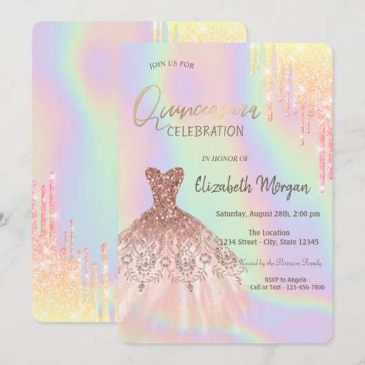 Glitter stuwt de Holografische Quinceañera op Kaart (Voorkant / Achterkant)
