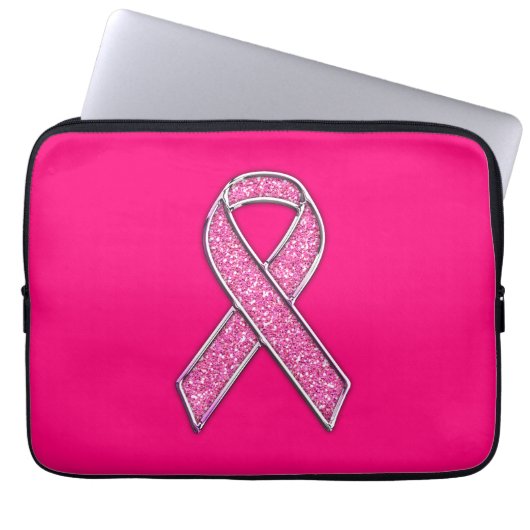 Glitter Style Pink Ribbon Awareness Fuchsia Laptop Sleeve (Voorkant)