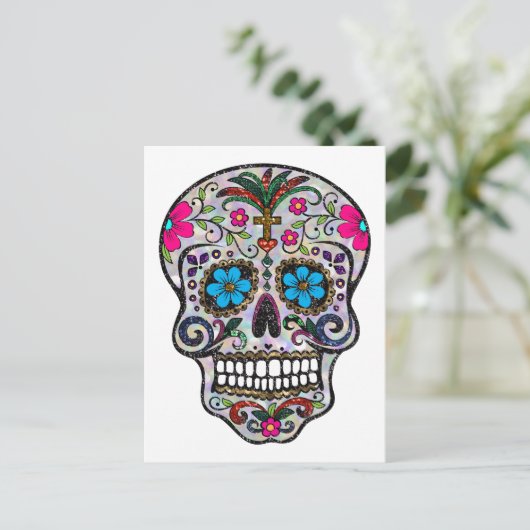 glitter Sugar Skull Briefkaart (Staand voorkant)