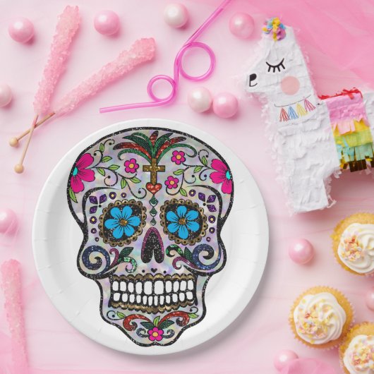 glitter Sugar Skull paper borden Papieren Bordje (Feest)