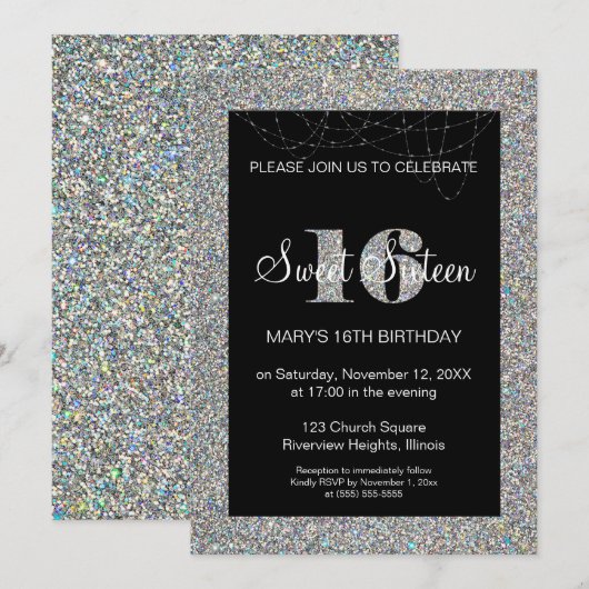 Glitter Sweet 16 Birthday Invitation Kaart (Voorkant / Achterkant)