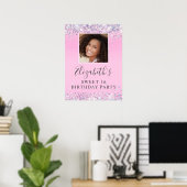 Glitter Sweet 16 Birthday Party Pink Poster (Thuiskantoor)